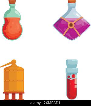 Illustrations vectorielles colorées d'équipements de laboratoire de style cartoonstyle, y compris des flacons, un tube à essai et un bain-marie Illustration de Vecteur