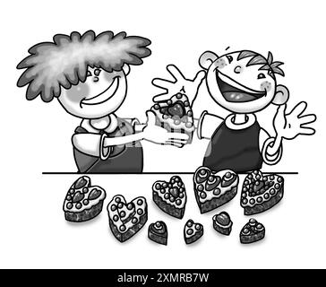Art noir et blanc, enfants d'âge préscolaire cuisiner ensemble, apprendre à cuisiner, cuire avec des emporte-pièces en forme de cœur, pâte, cuisson, séquence de cuisine 6 de 6 Banque D'Images