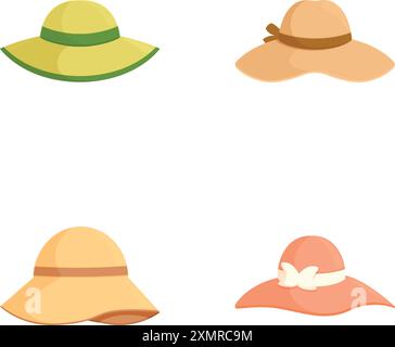 Collection de quatre chapeaux d'été colorés, parfait pour les illustrations de mode saisonnières Illustration de Vecteur