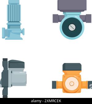 Collection de quatre icônes de raccords de tuyauterie industriels différents dans un style de design plat, isolé sur un fond blanc Illustration de Vecteur