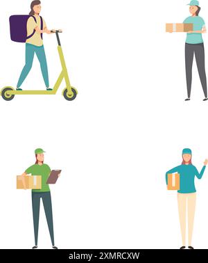 Ensemble de personnes de livraison avec des boîtes et scooter écologique, fournissant des services de messagerie Illustration de Vecteur