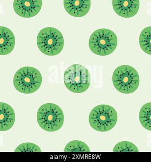 Kiwi fruits tranches motif tropical sans couture sur fond vert. Concept estival minimal à plat de dessin animé. Motif imprimé tissu juteux et papier peint. Illustration de Vecteur