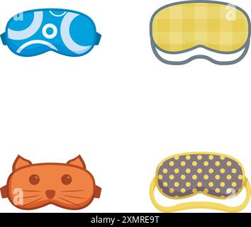 Collection de quatre masques de sommeil de dessin animé mignons avec divers motifs et formes Illustration de Vecteur