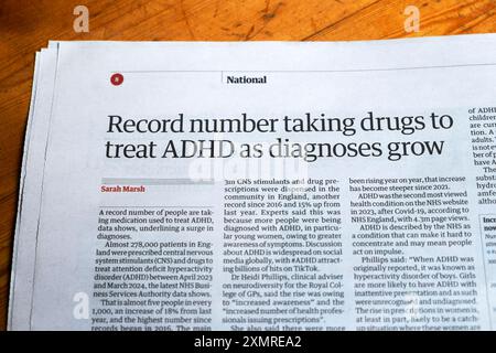 « Record number prenant des médicaments pour traiter le TDAH comme diagnostics croissent » journal Guardian titre NHS Drugs prescription article 27 juillet 2024 Londres Angleterre Royaume-Uni Banque D'Images