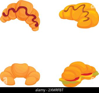 Délicieuse cuisine française, assortiment d'illustrations vectorielles de croissants pour les articles de menu de boulangerie, avec chocolat, petit déjeuner, collation et desserts Illustration de Vecteur