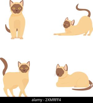 Ensemble de chats siamois mignons dans différentes poses, parfaits pour les dessins pour animaux familiers Illustration de Vecteur