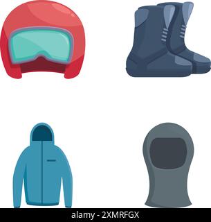 Quatre icônes représentant l'équipement essentiel pour les sports d'hiver, un casque, des bottes, une veste et une Balaclava Illustration de Vecteur