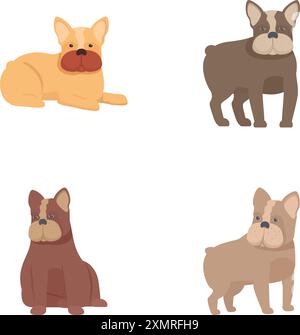 Collection de quatre jolies illustrations de bouledogues français dans différentes couleurs et poses Illustration de Vecteur