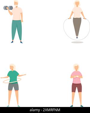 Ensemble de quatre illustrations montrant une personne âgée effectuant différents exercices Illustration de Vecteur