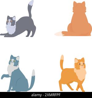 Ensemble de quatre chats de dessin animé mignons dans différentes poses sur un fond blanc Illustration de Vecteur