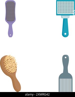 Collection d'outils de soins capillaires, y compris différents types de brosses et peignes, isolés sur blanc Illustration de Vecteur