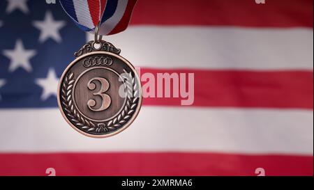 Médailles de trophée de maquette d'or et de bronze avec ruban contre le drapeau des États-Unis d'Amérique. Représenter les gagnants des jeux olympiques nationaux ou internationaux Banque D'Images