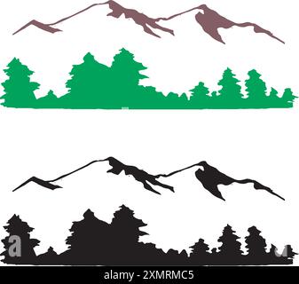 Silhouette noire des montagnes et des sapins forestiers paysage de camping paysage illustration vecteur d'icône pour logo, isolé sur fond blanc Illustration de Vecteur