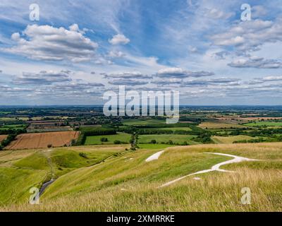 Uffington White Horse et Dragon Hill avec des visiteurs pour l'échelle à Uffington, Oxfordshire, Angleterre, Royaume-Uni Banque D'Images