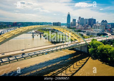 Vue aérienne du pont Daniel carter Beard Bridge (alias Big Mac Bridge) et du centre-ville de Cincinnati Banque D'Images