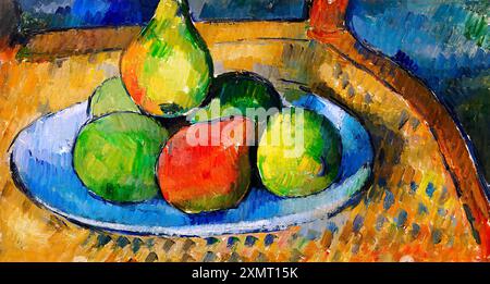 Assiette de fruits sur une chaise par Paul Cezanne. Une peinture vibrante de nature morte de diverses poires et pommes colorées disposées sur une plaque bleue, placée sur un Banque D'Images