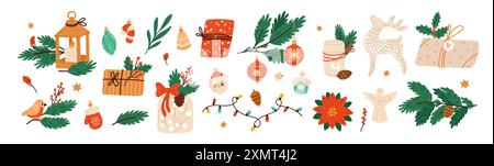 Décorations d'arbre de Noël en bande dessinée. Branches de conifères. Accessoires de vacances d'hiver. Jouets à boules de verre sur branches de conifères. Joyeux Noël. Cadeau Illustration de Vecteur