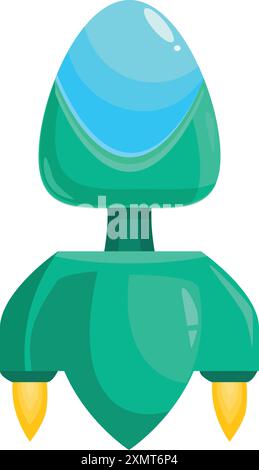 Vaisseau spatial de dessin animé volant dans l'espace avec fenêtre bleue et flammes jaunes Illustration de Vecteur