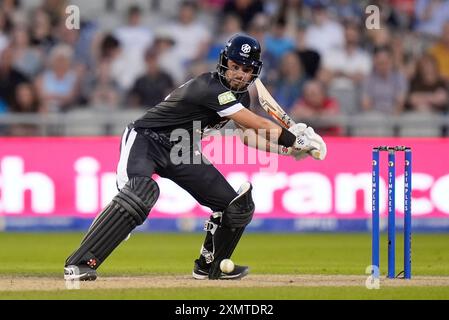 29 juillet 2024 ; Old Trafford Cricket Ground, Manchester, Angleterre ; The Hundred Mens Cricket, Manchester Originals contre Trent Rockets ; Max Holden de Manchester Originals en action de frappe Banque D'Images