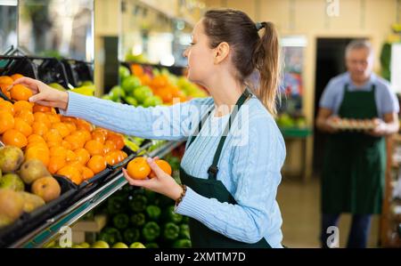 Assistante de marché positive d'âge moyen dans le tablier disposant des mandarines sur les étagères du magasin Banque D'Images