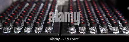 Échantillons dans des flacons en verre avec bouchons noirs en attente d'analyse dans le système HPLC. Banque D'Images