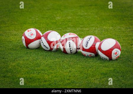 Une rangée de ballons d'allumettes officiels de Northern premier League Chryso en ligne sur le terrain avant un match de football Banque D'Images