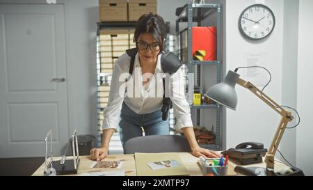 Une femme réfléchie examine les preuves dans le bureau d'un détective bien éclairé, entouré de photographies et de documents d'enquête. Banque D'Images