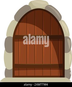 Icône de style de dessin animé d'une vieille porte en bois avec une arche en pierres, isolée sur blanc Illustration de Vecteur