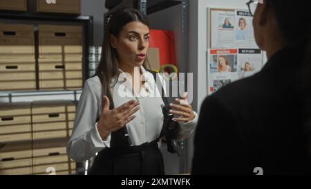 Deux femmes discutant dans un bureau de police, avec des classeurs et des affiches de personnes disparues en arrière-plan. Banque D'Images