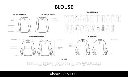 Ensemble de Chemise Top Détails - mesure, ouverture, ourlet manches longueur styles illustration de mode technique. Vue avant et arrière du modèle de vêtements plats. Femmes, hommes CAD maquette isolé Illustration de Vecteur