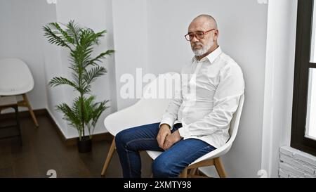 Un homme digne et mature avec des lunettes et une barbe est assis contemplativement dans une pièce blanche minimaliste avec une plante en pot. Banque D'Images