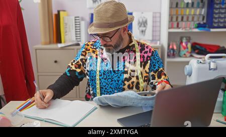Homme barbu dans une chemise à motifs prenant des notes au poste de travail du tailleur avec des fournitures de couture Banque D'Images