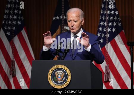 Austin, Texas, États-Unis. 29 juillet 2024. Le président américain JOE BIDEN prononce le discours d'ouverture à la bibliothèque Lyndon Baines Johnson à Austin le 29 juillet 2024, commémorant le 60e anniversaire de la signature par LBJ de la loi sur les droits civils en 1964. Biden a mis en garde contre les menaces pour la démocratie si Donald Trump venait à remporter un second mandat. (Crédit image : © Bob Daemmrich/ZUMA Press Wire) USAGE ÉDITORIAL SEULEMENT! Non destiné à UN USAGE commercial ! Banque D'Images