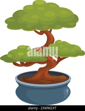 Petit arbre bonsaï avec tronc courbé et couronne luxuriante poussant dans un pot, arbre miniature pour la décoration de la maison ou du bureau Illustration de Vecteur