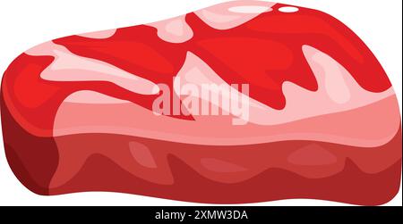 Icône de dessin animé de grand morceau rouge de viande crue avec des couches de graisse est couché sur fond blanc Illustration de Vecteur