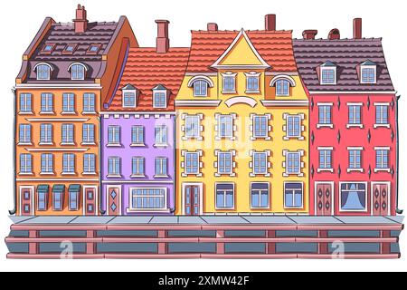 Illustration vectorielle de vieilles maisons colorées sur le remblai du canal Nyhavn à Copenhague. Illustration de Vecteur