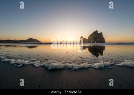 Golden Hour Serenity : paysage de coucher de soleil surplombant la plage de Wharariki et la mer de Tasman, Île du Sud, Nouvelle-Zélande Banque D'Images