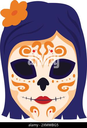 Femme au maquillage du crâne et fleur dans les cheveux célébrant le jour des morts Illustration de Vecteur