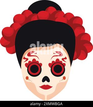Femme portant le maquillage traditionnel calavera pour le jour des morts avec des fleurs rouges dans ses cheveux Illustration de Vecteur