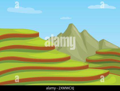 Rizières vertes formant des marches cultivées sur les pentes d'une chaîne de montagnes Illustration de Vecteur