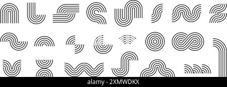 Ensemble de formes géométriques de style boho noir. Collection de courbes, vagues et arches du milieu du siècle. Éléments de ligne décoratifs pour modèle de conception graphique, affiche, bannière, couverture. Objets linéaires ondulés vectoriels Illustration de Vecteur