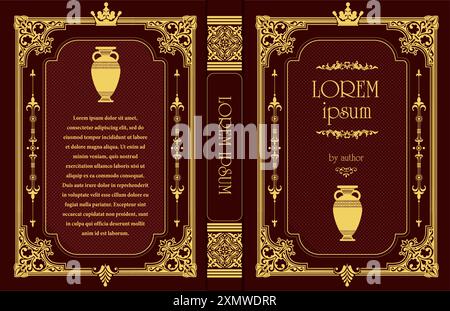 Livre de couverture pour roman médiéval. Vieux cadres d'ornement rétro. Motif Royal Golden. Bordure vintage à imprimer sur les couvertures des livres. Vecteur illus Illustration de Vecteur