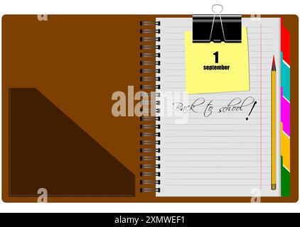 Carnet de notes marron ouvert sur fond blanc avec aucune attache jaune. Retour à l'école. Illustration vectorielle Illustration de Vecteur