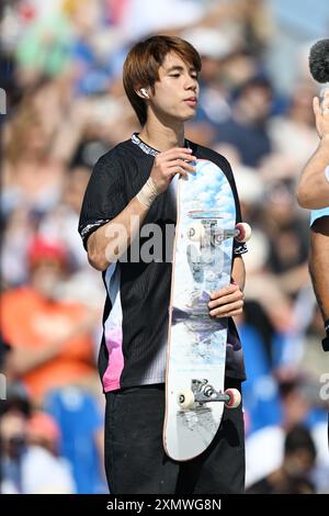 Paris, France. Crédit : MATSUO. 29 juillet 2024. Yuto Horigome (JPN) Skateboard : finale de rue masculine lors des Jeux Olympiques de Paris 2024 à la Concorde à Paris, France. Crédit : MATSUO . K/AFLO SPORT/Alamy Live News Banque D'Images