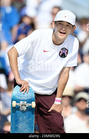 Paris, France. Crédit : MATSUO. 29 juillet 2024. Sora Shirai (JPN) Skateboard : finale de rue masculine lors des Jeux Olympiques de Paris 2024 à la Concorde à Paris, France. Crédit : MATSUO . K/AFLO SPORT/Alamy Live News Banque D'Images