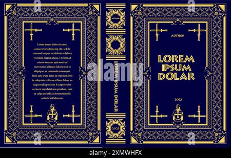 Livre de couverture pour roman médiéval. Vieux cadres d'ornement rétro. Motif Royal Golden. Bordure vintage à imprimer sur les couvertures des livres. Vecteur illus Illustration de Vecteur