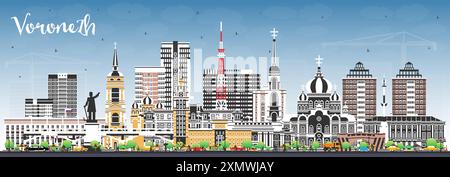 Horizon de la ville de Voronezh Russie avec des bâtiments de couleur et le ciel bleu. Illustration vectorielle. Paysage urbain de Voronej avec des points de repère. Illustration de Vecteur