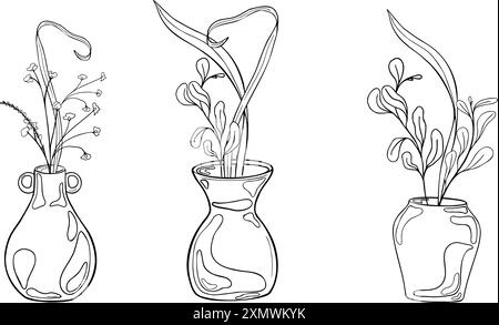 Ensemble de vases en argile avec de longues tiges noir blanc illustration vectorielle isolé. Vases à silhouette d'encre et arrangement floral en ligne Contour de la ligne du vase Illustration de Vecteur