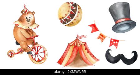 Ensemble de thème Circus vintage. Ours sur vélo, ballons, tente, drapeaux, chapeau de magicien et moustache. Illustration aquarelle. Pour les cartes postales, invitations, CH Banque D'Images
