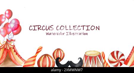 Bannière sans couture sur le thème du cirque vintage. Tente, ballons, Skittles, moustache du magicien. Illustration aquarelle. Dans les tons Red Beige. Pour les cartes postales, po Banque D'Images